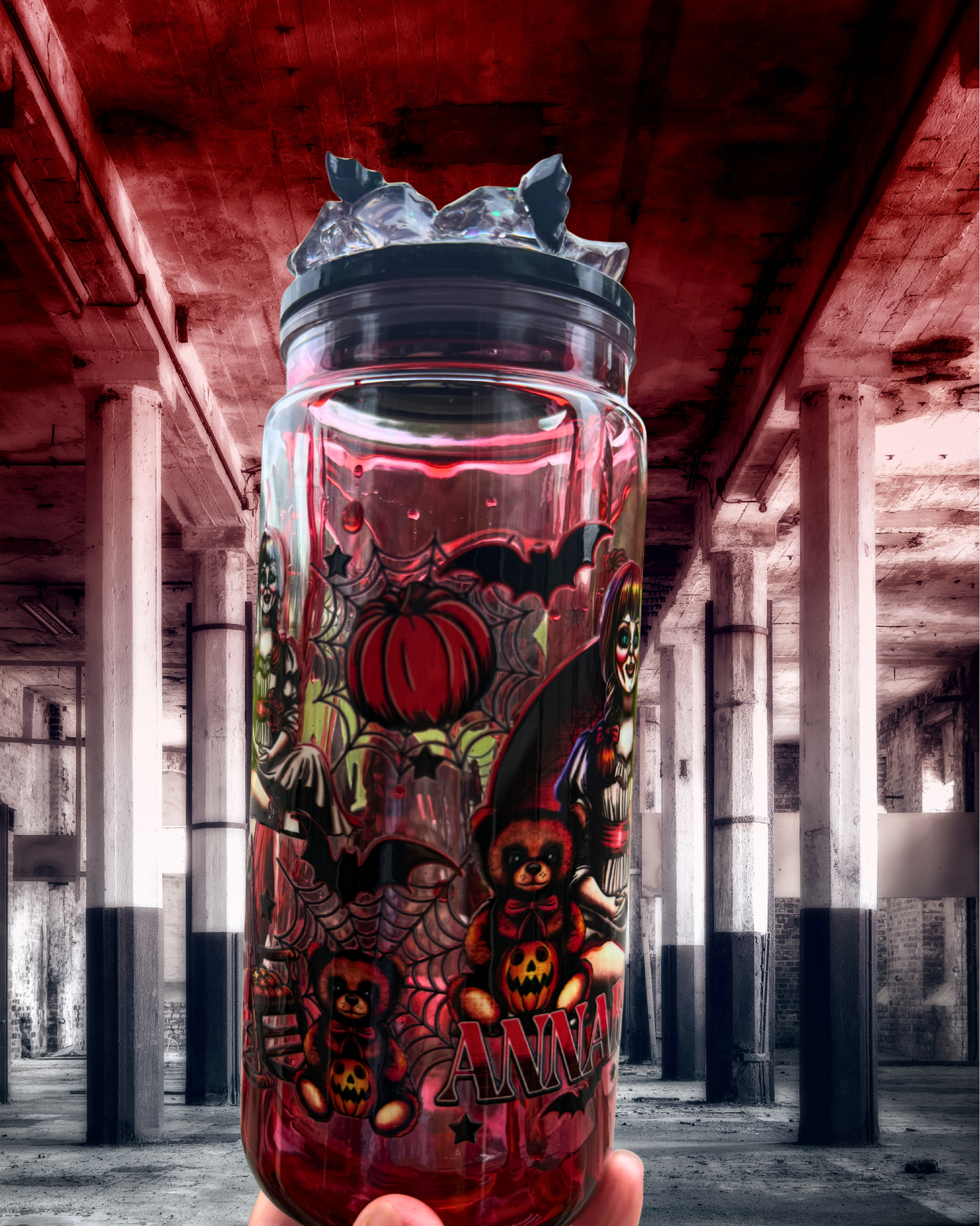 16 oz Horror Snowglobe Tumbler | Annabelle | Glow-in-the-Dark Lid