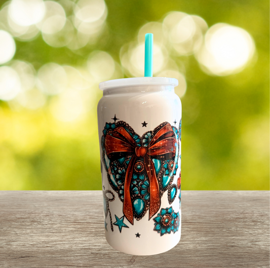 Turquoise Western Heart Stainless Steel Can Tumbler
